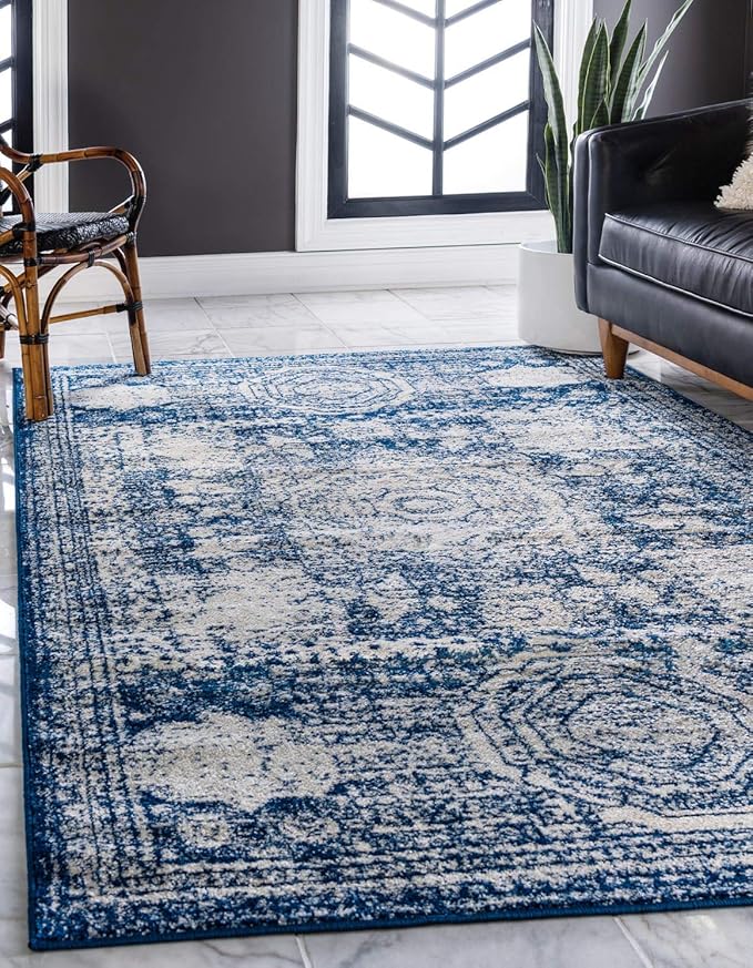 Unique Loom Bromley Collection Area Rug - Wells (8' x 11' Rectangle, Ivory and Blue/ Ivory)