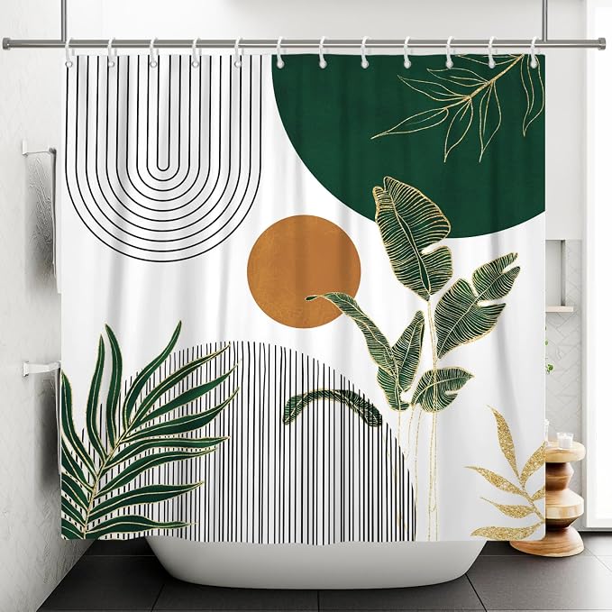 Mid Century Boho Modern Shower Curtain for Bathroom Abstract Sun Arch Geometric Leaves Minimalist Shower Curtain Set Waterproof Polyester Fabric 69x70 Inches