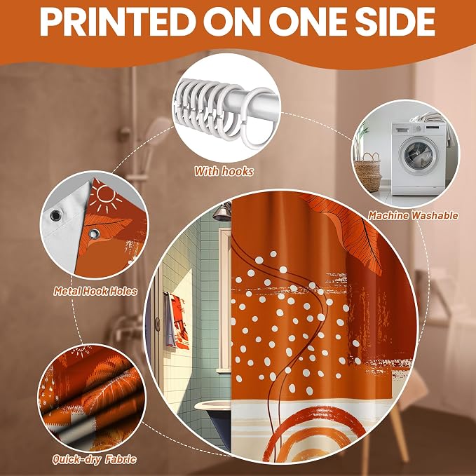 Shower Curtain, Burnt Orange, 70x72 Inch | Mid Century Modern, Bohemian Abstract Leaf, Waterproof Cloth Fabric, Includes Hooks
