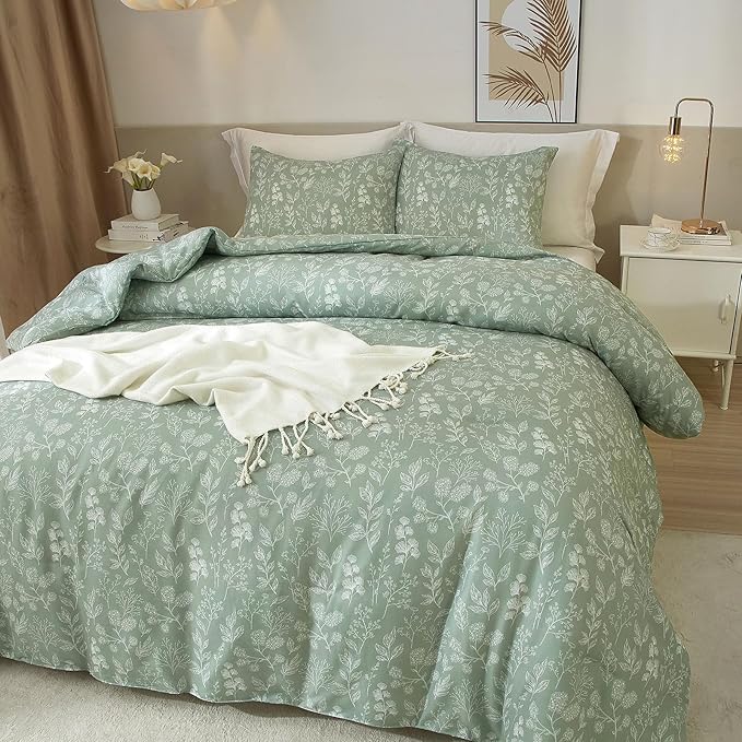 3 Piece Duvet Cover King Size Green Floral Soft 100% Cotton Garden Botanical Bedding Set for Women Girls Aesthetic King Bed Comforter Cover with 2 Pillowcases,Chic,Lightweight