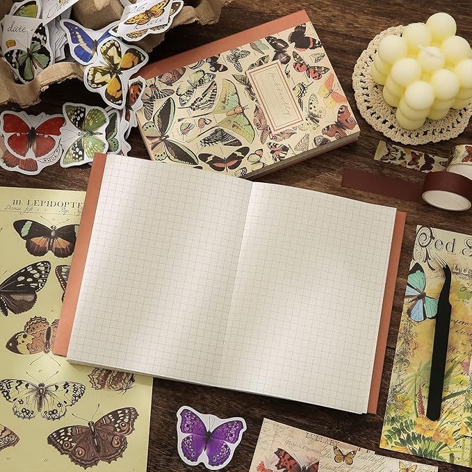 emmoolife Vintage Aesthetic Scrapbooking Supplies Kit, Butterfly Junk Journal Scrapbook Kit with Journaling Supplies, A6 Grid Notebook, Stationery, Birthday Craft Gift Set for Teen Girl Women