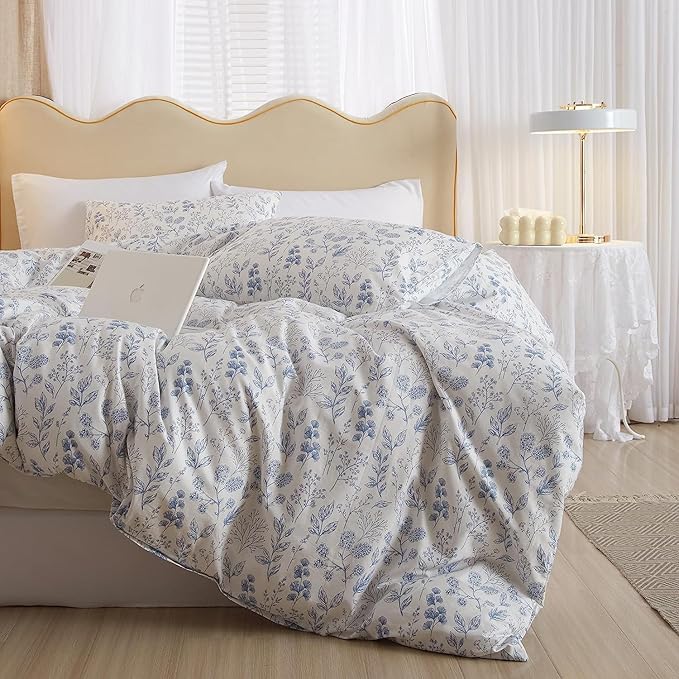 LifeTB Vintage Style Cotton Floral Duvet Cover Queen Boho Blue Floral Bedding Sets Chic Shabby Aesthetic Floral Comforter Cover Soft Botanical Bedding Sets 1 Queen Duvet Cover 2 Pillow Shams