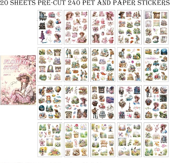 Auguro Scrapbook Stickers 20 Sheets 240 Pre-Cut Washi Stickers for Journaling PET Transparent Book Sticker Decorative or DIY Paper Crafts Arts and Crafting Projects