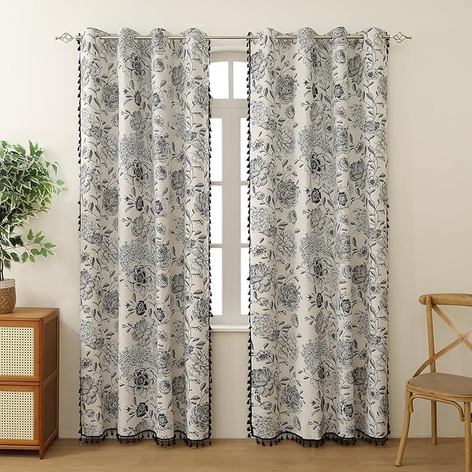 100% Blackout Black Floral Farmhouse Curtains Living Room Thermal Insulated Drapes Elegant Peony Pattern & Tassel Curtains 2 Panels Blocking Curtains for Windows Floral Drapes (52W*63L)