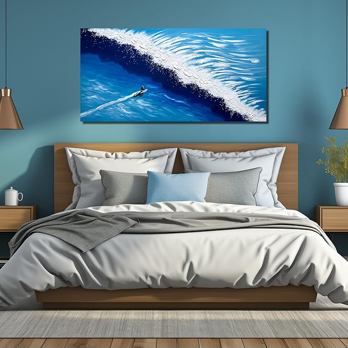 Blue and White Pictures for Wall Bedroom Ocean Hand Painted Wall Art for Office Large Canvas Wall Art for Living Room Size 29 x 58 Inch