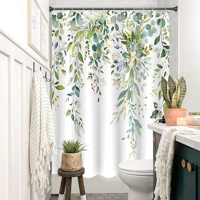 84 Inch Extra Long Green Eucalyptus Shower Curtain Watercolor Floral Plant Leaf Shower Curtains for Bathroom Botanical Flower Waterproof Fabric Bath Curtain with Hooks (Green, 72'' x 84'')
