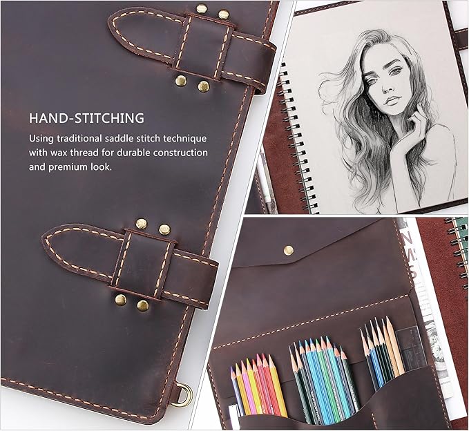 Robrasim Handmade Leather Sketchbook Cover, Artist Sketch Pad Holder for 11"X14" Sketchbook, Drawing Book and Pencil Case, Journal Notebook Portfolio with Shoulder Strap, Artist Gifts, Coffee