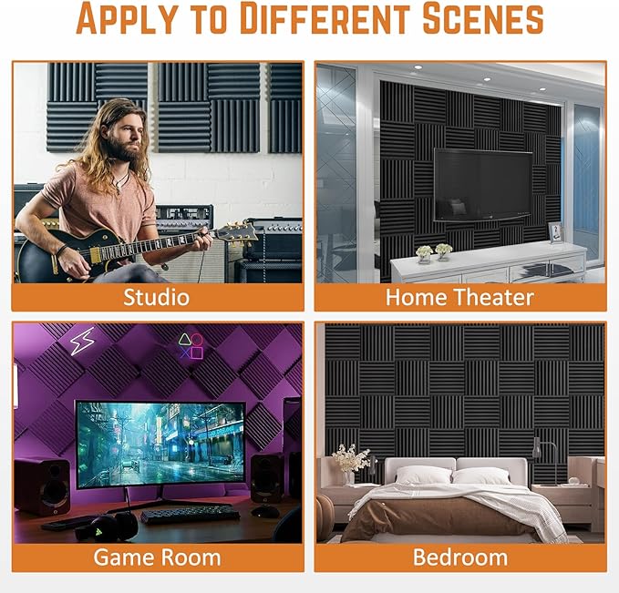 24 Pack Sound Proof Foam Panels for Walls, 2"X 12" X 12" Pyramid Designed Acoustic Foam Panels Sound Absorbing, Noise Cancelling Dampening Wall Panels for Studio Recording & Office & Home