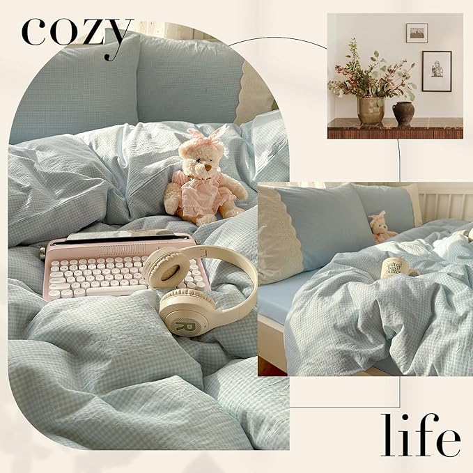 LifeTB Blue Gingham Comforter Set King Romantic Lace Bedding Comforter with 2 Pillowcases Vintage Plaid Checkered Comforter Farmhouse Grid Bedding Set Blue Plaid Comforter Set for All Seasons