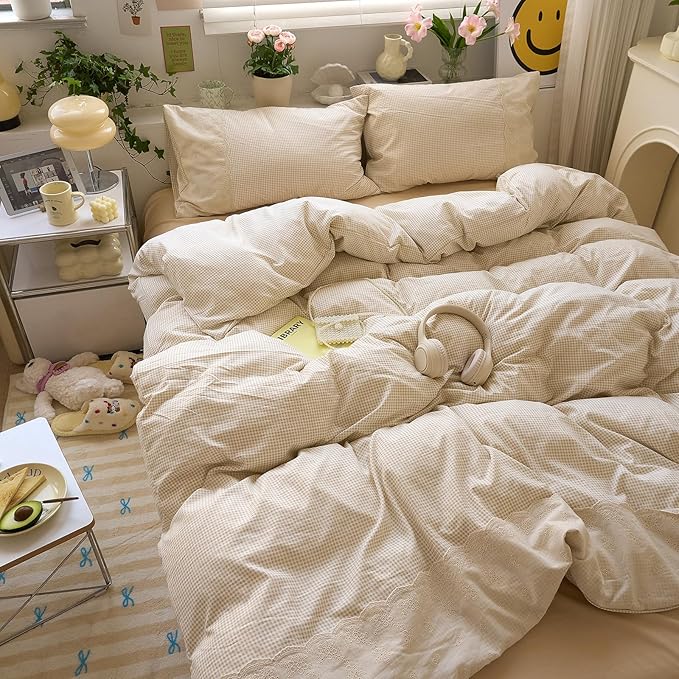 LifeTB Tan Gingham Comforter Set Twin XL Princess Lace Style Vintage Plaid Checkered Comforter with 2 Pillowcases Fluffy Soft Breathable Farmhouse Grid Bedding Set Beige Taupe Plaid Comforter Set