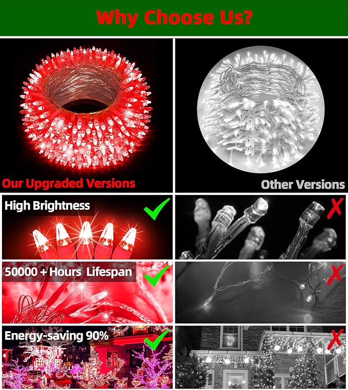 300LED Chrstmas Lights, 75ft Indoor Outdoor Christmas String Lights with 12 Modes, Red Christmastree Lights with Timer Dimmable Connectable for Fence Garden Xmas Wedding Party Decor Red