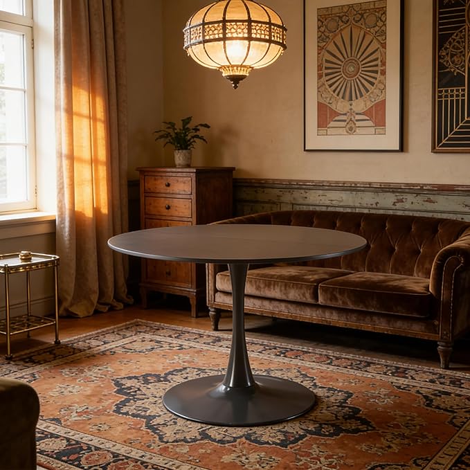 KEIKI 42.1" Round Dining Table, Mid Century Modern Bistro Table with Thickened MDF Tabletop & Metal Pedestal, for 4-6 People, Small Places, Cafe, Kitchen, Living Room, Grey