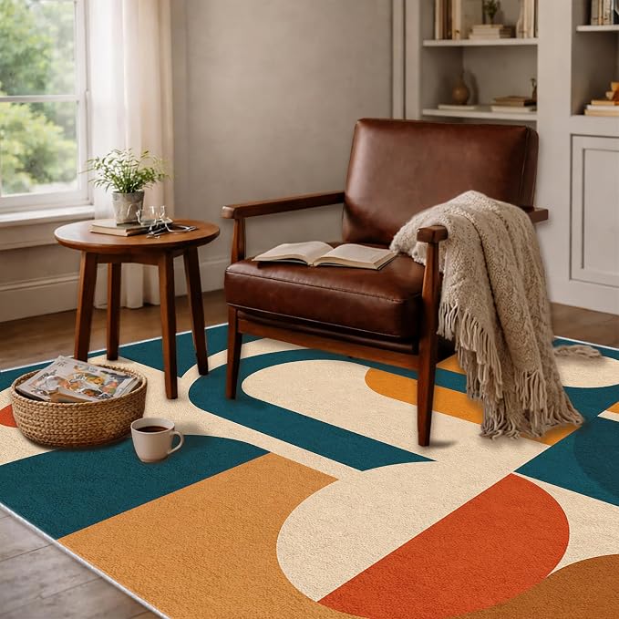 Mid Century Area Rug 5x7, Home Decor | Deep Teal Terracotta Arch Blocks, Retro Geometric Rug for Living Room, Bedroom, Home Office, Non Slip, Washable, Low Pile