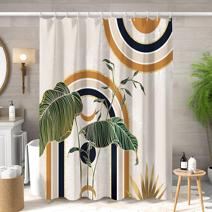 Green Brown Boho Shower Curtain Mid Century Abstract Plant Tropical Leaves Bath Curtain Modern Minimalist Geometric Arch Bath Decor Waterproof Polyester Fabric with Hooks 60x72 inch