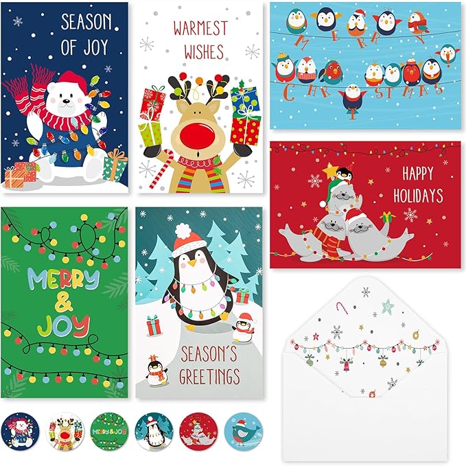Thboxes Christmas Cards with Envelopes & Stickers, 36 Pack 4x6 Inch Merry Christmas Cards, Funny Holiday Card, 6 Assorted Designs Greeting Card for Xmas