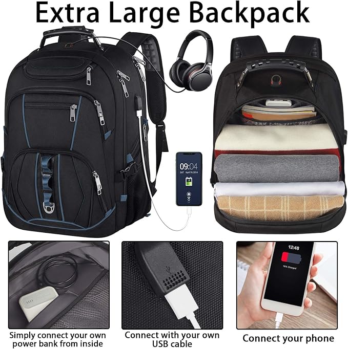 JCDOBEST Laptop Backpack, Blue, 55L Capacity, TSA Approved, Multipurpose, Convenient USB Port, Comfortable Back Design, Durable Polyester Fabric