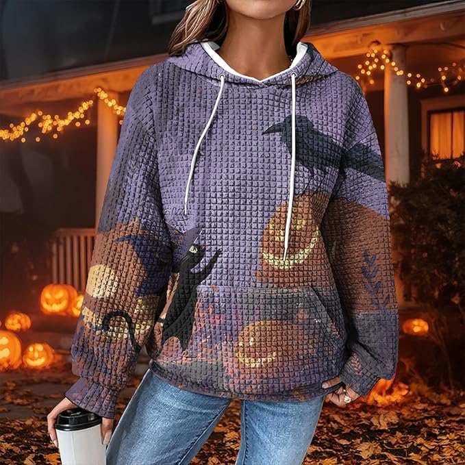 Halloween Sweatshirts for Women Novelty Graphic Drawstring Waffle Hoodies Loose Casual Pullover Tops with Pocket