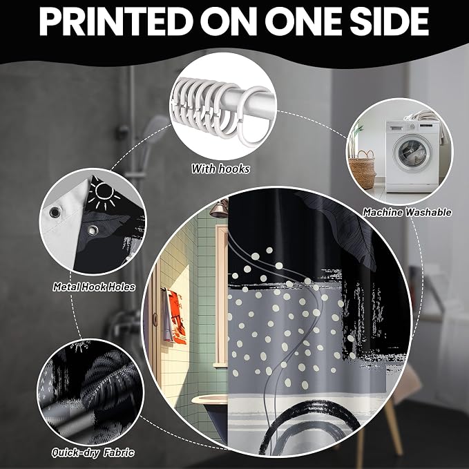 Black and Gray Mid Century Modern Shower Curtain Bohemian Abstract Dark Black and Grey Shower Curtains for Bathroom Decor Sets, Waterproof Cloth Fabric with Hooks, 60x72 Inch