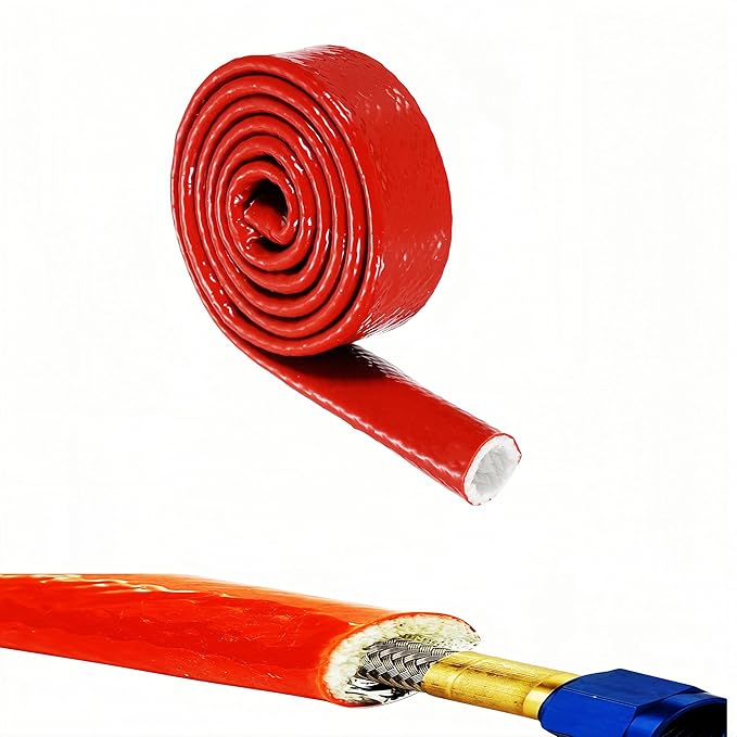1"(25mm) ID Heat Shielded Fire Thermo Armor Fire Sleeve Silicone Coated Fiberglass for Automotive Hose Lines & Electrical Wiring Red, 5 feet