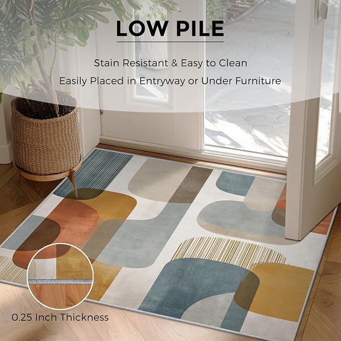 5x8 Mid Century Geometric Rugs for Bedroom Decor, Washable Mid Century Modern Pattern Area Rug, Living Room Home Decoration, Non Slip Soft Thin, Modern Abstract Decor Carpet PF-P 117