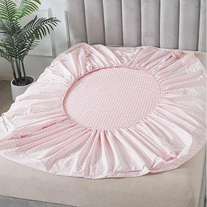 FADFAY Pink Plaid Full Size Sheets 100% Cotton Geometric Checker Bedding Teens Grid White Gingham Pattern College Bedding Deep Pocket Sheets with 2 Pillowcases Ultra Soft 4pcs, Full Size