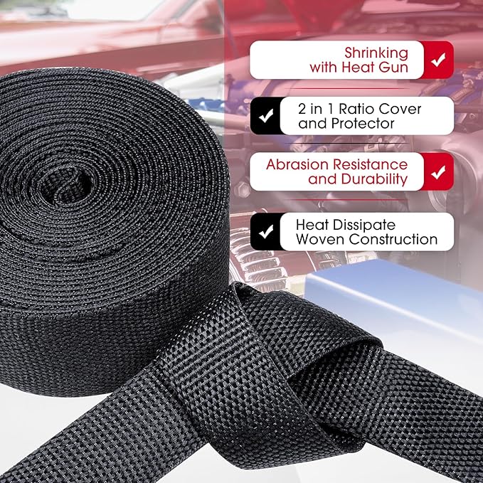 Black 2:1 Ratio Automotive Heat Shrink Braided Sleeving,Wear-Resistant Flat Woven Shrinkable Sleeve Fabric Car Cable Wires Hoses Protection (3/4"-50ft)