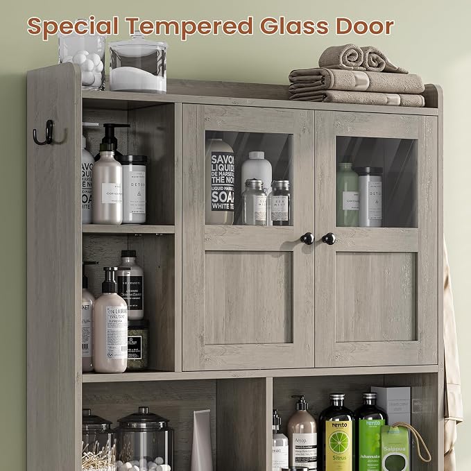 Itaar Over The Toilet Storage Cabinet, Over Toilet Bathroom Organizer with Glass Doors & Toilet Paper Holder Stand, Home Space-Saving Toilet Rack, for Bathroom, Restroom, Laundry, Grey