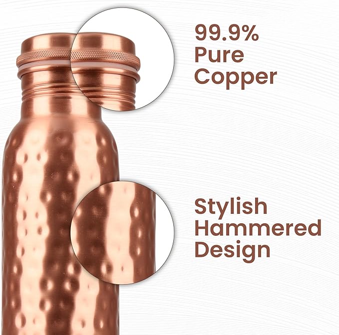 34 Oz Pure Copper Water Bottle Set – Leak-Proof Hammered Design with Tumbler, Carrying Bag & Smooth Finish Decorative – Copper Home Decore