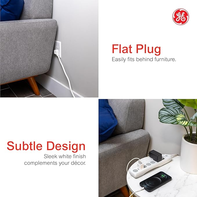 GE Surge Protector Power Strip, 10 Ft Extension Cord, 6 Outlet Extender, 800 Joules, Flat Plug, Twist-to-Close Safety Covers, ETL Listed, White, 2 Pack, 46864