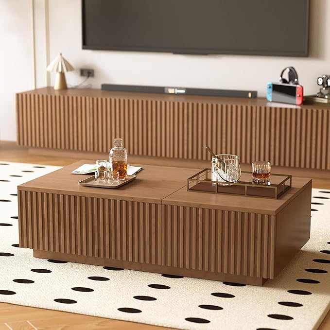 NessCarsti 51.1" Mid-Century Modern Lift Top Coffee Table, Walnut Rectangular Center Table with Hidden Storage & Drawers, for Living Room, Apartment, Office