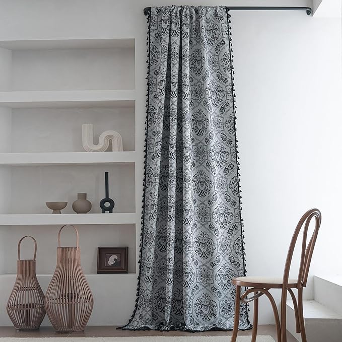 ENJOYBRIDAL Black Damask Curtains 84 Inch Long Semi Sheer Rod Pocket Drapes Bedroom Living Room 2 Panels Floor Length Window Curtain Panels Jacquard Medallion Pattern Light Filtering Window Treatments