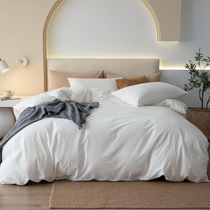 JIYUAN 100% Washed Cotton Duvet Cover Set 3 Pieces King, 1 Duvet Cover 104x90 Inches(Comforter Not Included) and 2 Pillowcases,Linen Feel Bedding Set Comfy and Breathable,Off White