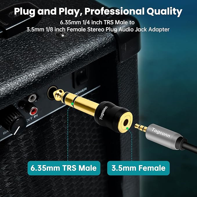 Togconn 1/4 Inch to 1/8 Inch Adapter 4 Pack, 6.35mm Quarter Inch TRS Stereo Male to 3.5mm Female Jack Plug Gold-Plated Pure Copper Audio Converter Connector Premium Quality Series