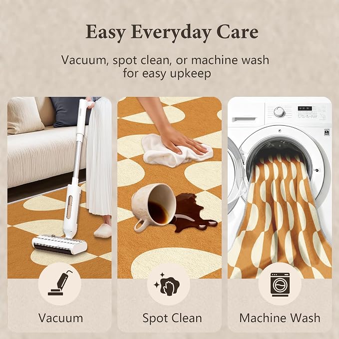 Caramel Dot Wave Area Rug 4 x 5 ft, Mid-Century Modern Geometric Rug, Brown Cream Abstract Washable Rug, Soft Low Pile Non-Slip Carpet for Living Room Bedroom Dining Room