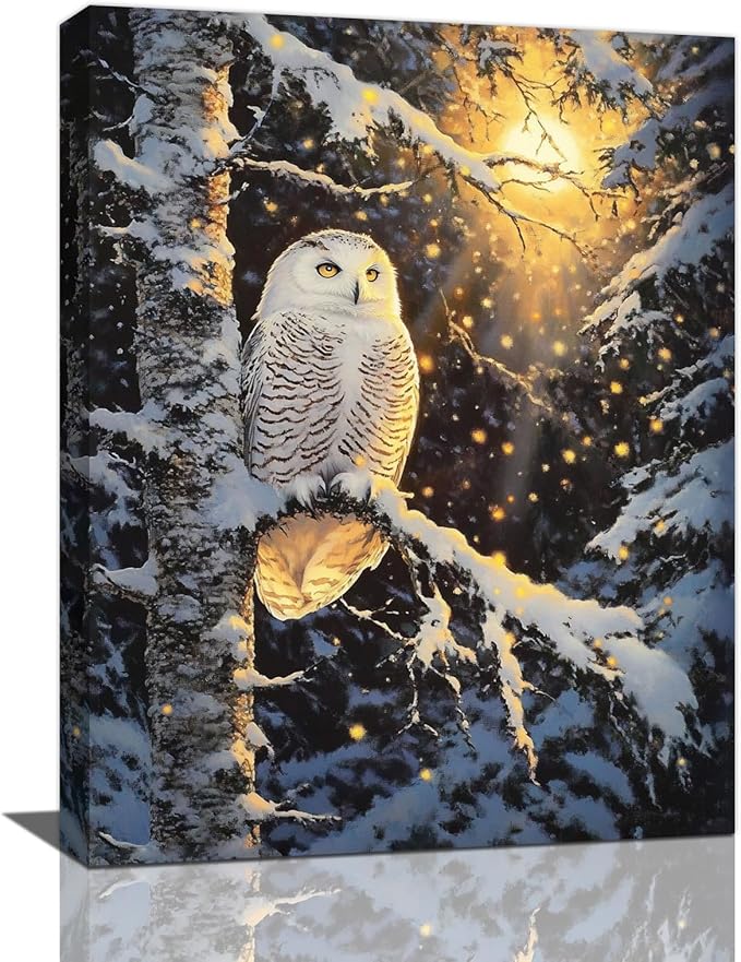 Owl Wall Art, Winter Snow Owl Pictures Wall Decor, Forest Animal Canvas Prints Painting, Framed Artwork for Bathroom Living Room Bedroom Office Dining Room 24"X16"