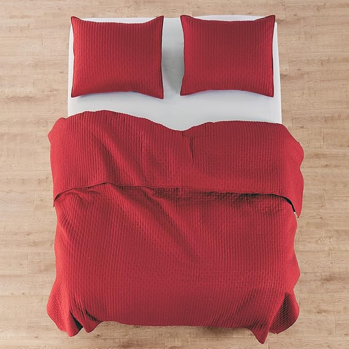 Levtex Home Cross Stitch Reversible Full/Queen Quilt Set (88x92in) with 2 Pillow Shams (26x20in) - Stitch Texture - Chile Red - Cotton Full/Queen Size Quilt Bedding Set - Lightweight, Soft, Pre-Washed