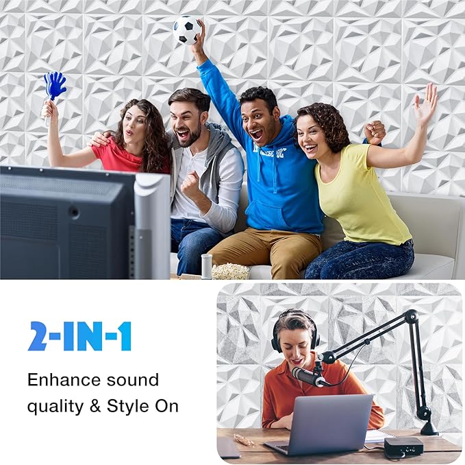 Acoustic 3D Wall Panels,24 Pack Sound Proof Felt Panels for Interior Wall Décor, Hollow Sound Absorbing Panel for Studio, Living Room, Home, Hotel, 12''x12'' Cover 24 sq ft (White, 24 Pack)