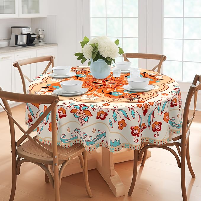 Eikione Bohemia Round Tablecloth 70inch,Table Cloth Waterproof and Wrinkle-Free, Boho Table Covers, Summer Decorations for Home