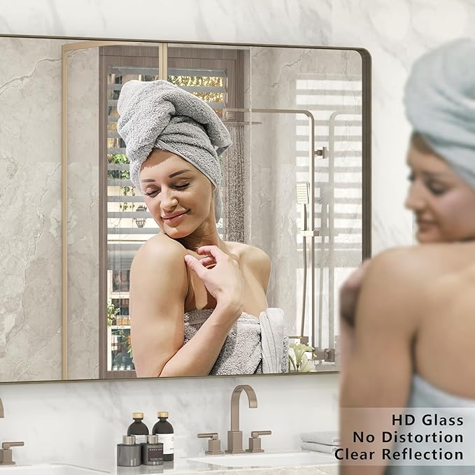 16x24 Bronze Bathroom Mirror, Rounded Rectangle Bronze Frame Mirror, Brushed Bronze Bathroom Vanity Mirror Wall-Mounted, Anti-Rust, Hangs Horizontally or Vertically