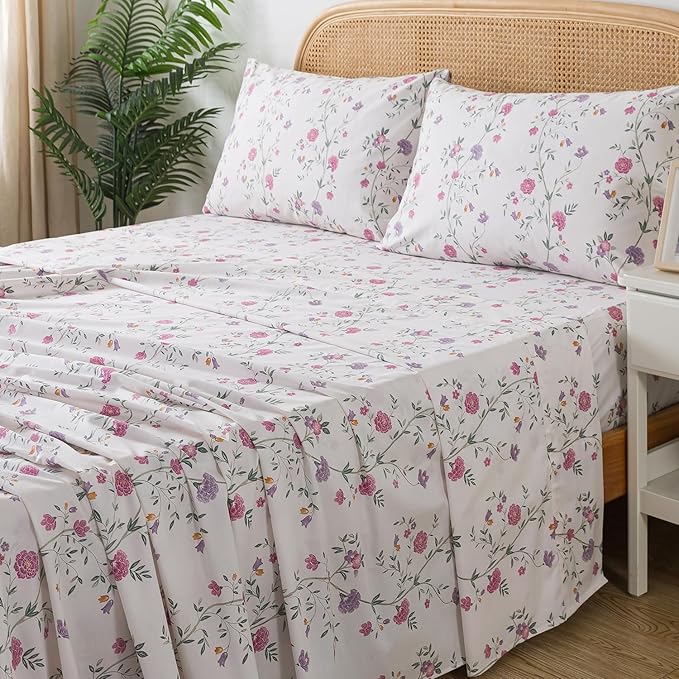 Zusbest- Full Sheets, Soft 100% Cotton Pink & Off White Floral Bed Sheets, Shabby Vintage Chic Purple Flower Printed Bed Set, Breathable Home Decor, Garden Style 4 Piece Deep Pocket（Rosy）