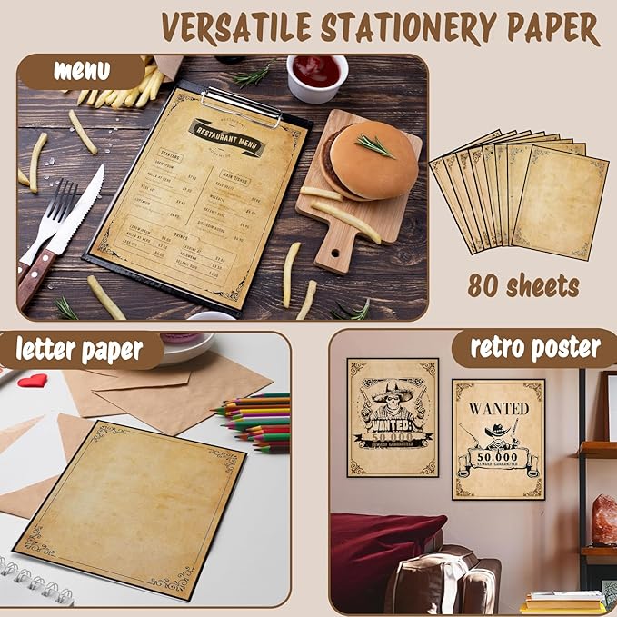 Tlenpo Stationery Vintage Antique Design Printing Writing Papers 8.5 x 11 in, 80 Sheets, Old Age Printer Papers, Retro Painted Border Letterhead, Double Sided Printing Paper, 8 Designs