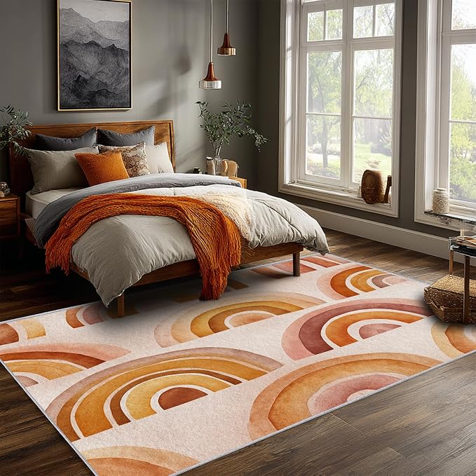 Retro Arcs Area Rug 6x9, Minimalist Arch Pattern Rug, Modern Retro Neutral Carpet for Living Room Bedroom, Non Slip Washable Rug