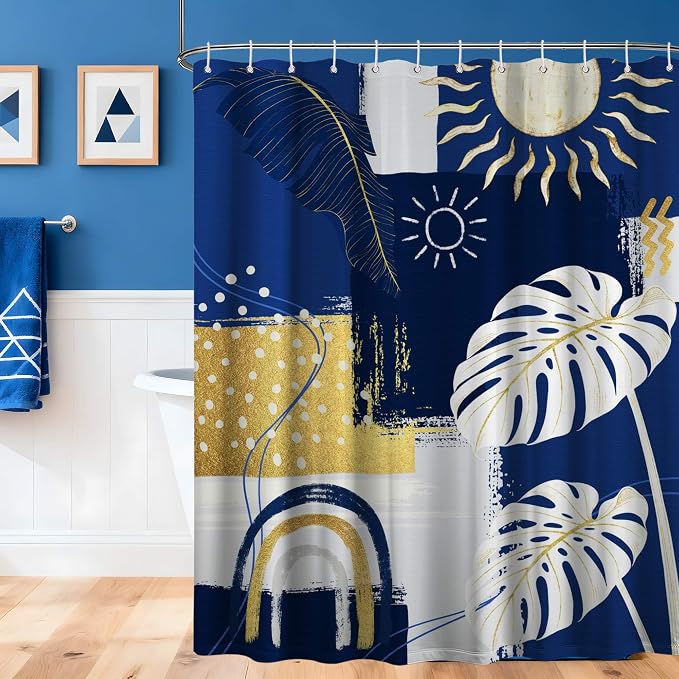 Small Stall Narrow Shower Curtain Blue and White Stand Up Abstract Navy Blue and Gold Boho Shower Curtains for Rv Camper Bathroom Decor Sets, Waterproof Cloth Fabric with Hooks, 48 x 72 Inch