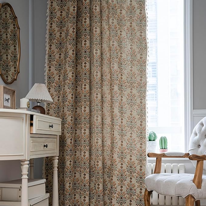 ENJOYBRIDAL Floral Curtains 96 Inch Length 2 Panels Vintage Flower Patterned Drapes Boho Semi Sheer Tassel Rustic Country Rod Pocket Botanical Farmhouse Window Curtain Panels for Bedroom Living Room