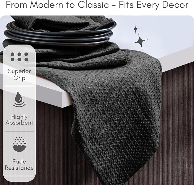 TWINY threads Waffle Kitchen Towel 4 Pack, 16x26 Inches, Premium 100% Cotton Dish Cloths Set with Hanging Loop, Absorbent, Quick Drying Cloths for Drying Dishes, Machine Washable, Black