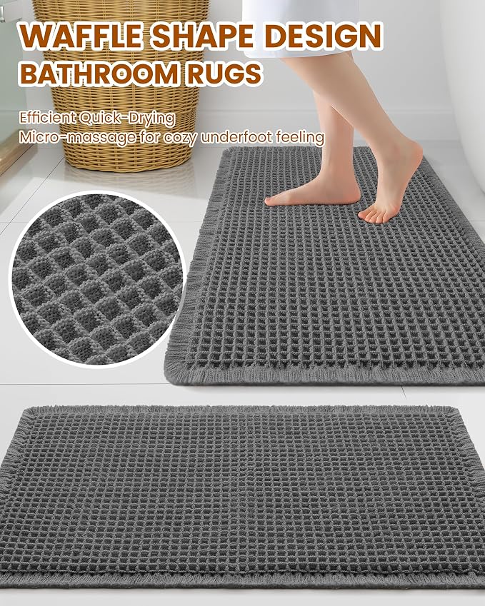 Smiry Waffle Bath Mat 30x18, Extra Soft Absorbent Bathroom Rugs, Non Slip Machine Washable Quick Dry Bath Rugs for Bathroom Floor, Tub, Shower, Home Decor Accessories, Dark Grey
