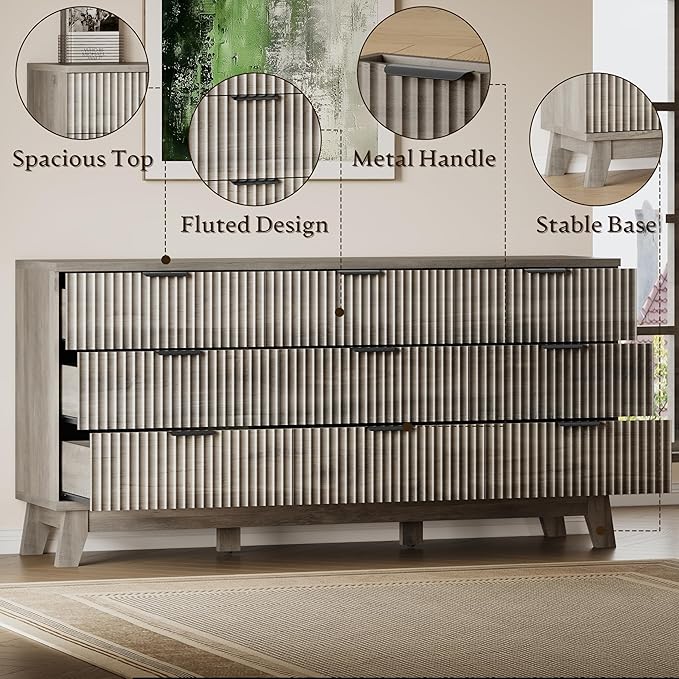 BORNOON 63" Long Dresser for Bedroom, 9-Drawer Fluted Dresser, Extra-Wide Wood Chest of Drawers with Smooth Metal Slides, Stable Base, Modern Clothes Storage Cabinet for Living Room, Hallway, Nursery
