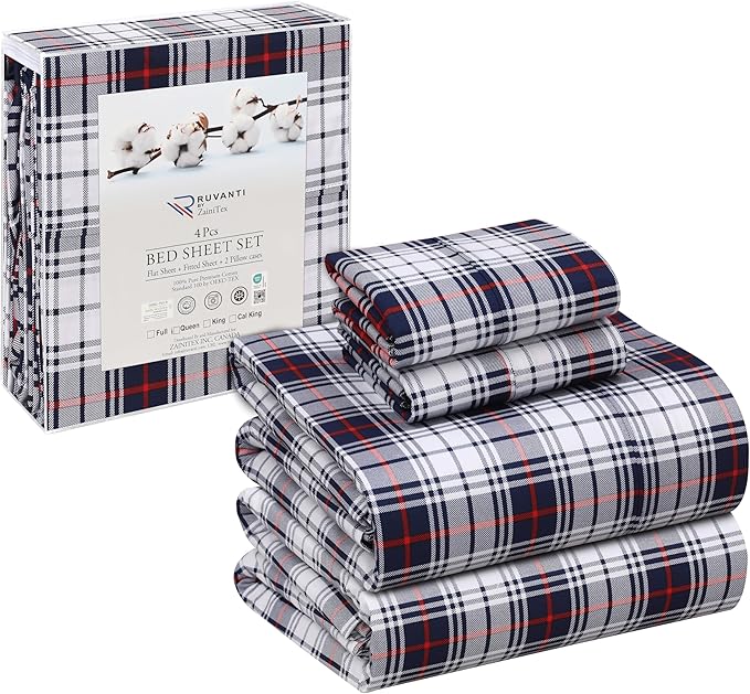 RUVANTI 100% Cotton King Size Sheets Set, 4 Pieces, Soft & Breathable Percale Weave Bedding, Deep Pocket 16", Hotel Standard, Crisp Cool Feel, Durable, Perfect Floral Bed Sheet, Prussian