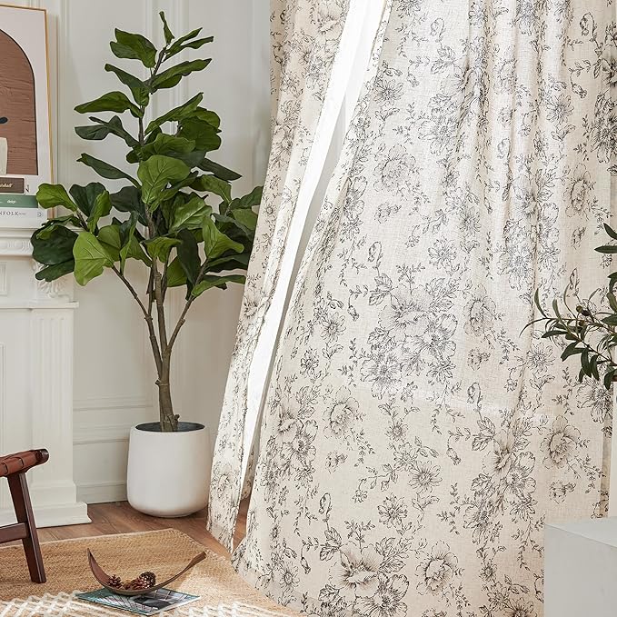 JINCHAN Pinch Pleated Curtains Floral Linen Blend Curtains for Living Room 108 Inches Length Black Peony Flower Printed Curtain Rod Pocket Back Tab Farmhouse Pinch Pleat Drapes with Hooks Set 2 Panels