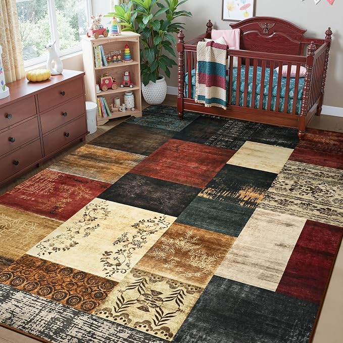 Tepook Modern Area Rugs for Living Room, 9x12 Washable Large Rug for Bedroom, Geometric Patchwork Rugs Indoor Non-Slip Throw Carpets for Dining Room Office Farmhouse Home Decor, Multi